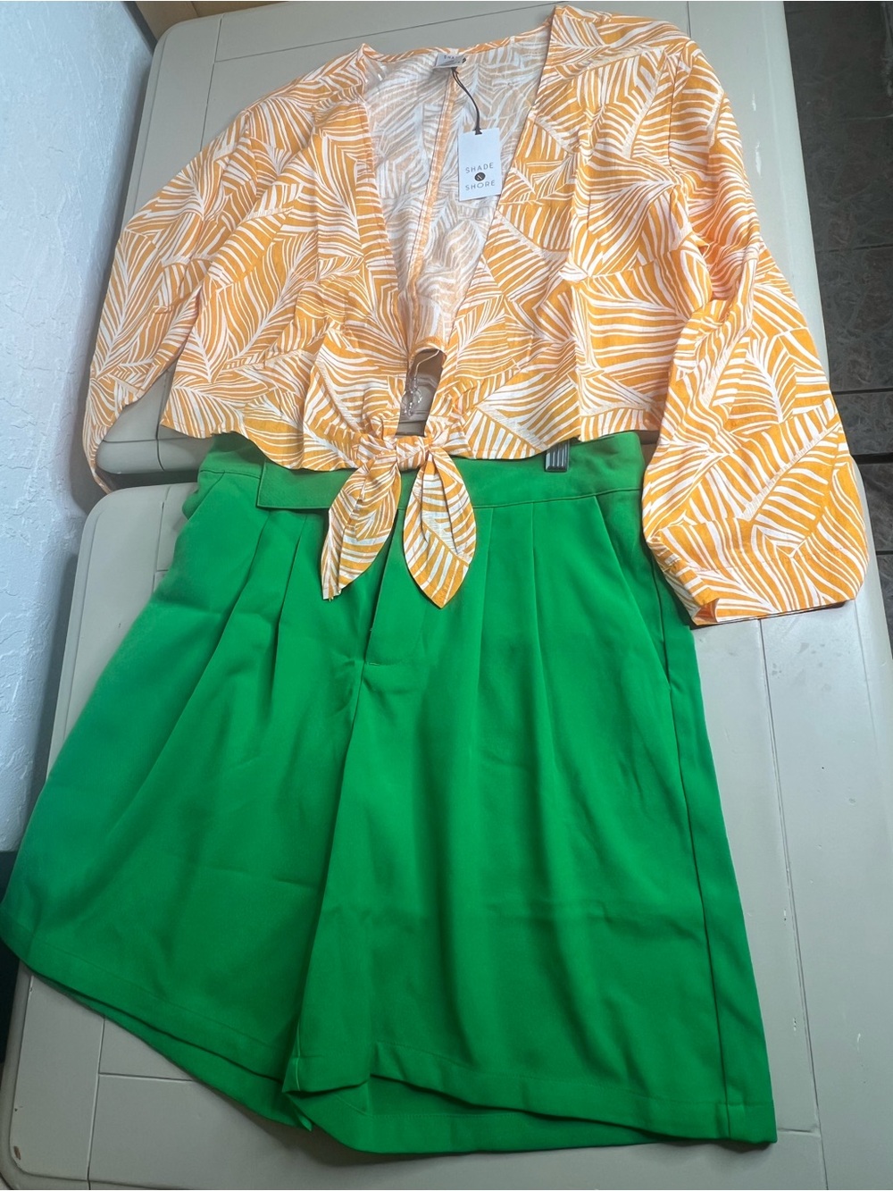 Yellow Leaf Tie-Front Top with Bright Green High-Waist Shorts